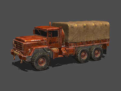 Vintage Rusty Utility Truck with Canvas Covered Cargo Bed and Multiple Wheels 3d model