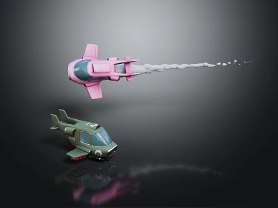Pink Airliner With White Trail Flying Beside Green Helicopter On Black Background 3d model