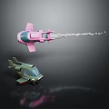 Pink Airliner With White Trail Flying Beside Green Helicopter On Black Background
