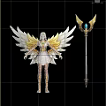 Game Female Character With White Wings Golden Decorations White Dress And Staff Featuring Blue Gemstone
