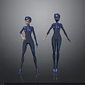 Blue Futuristic 3D Character Models In Tight Bodysuits With Different Poses