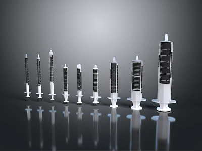Medical Syringes of Various Sizes Arranged on Reflective Black Surface for Equipment 3d model