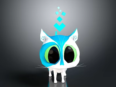 Cute Cartoon Cat Game Character With Big Eyes Green Eye Rings Blue Head And White Ears 3d model