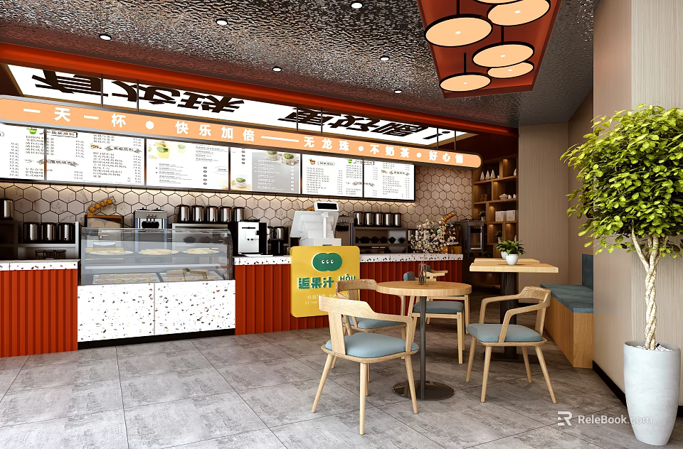 Modern Bubble Tea Shop Interior With Menu Boards Tables Decorative Pendant Lights And Coffee Equipment 3d model 
