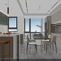 Modern Living Dining Room Interior With Marble TV Wall Bookshelves And Decorations