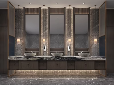 Public Restroom Modern Design Featuring Multiple Sinks Marble Countertop Mirrors And Wall Lights 3d model