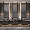 Public Restroom Modern Design Featuring Multiple Sinks Marble Countertop Mirrors And Wall Lights