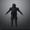 Futuristic Armored Character Standing With Glowing Blue Helmet And Body Armor