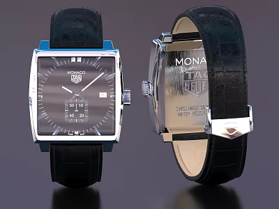 Stylish Square Dial Wristwatch With Black Leather Strap And Swiss Made Chronograph Design 3d model
