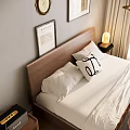 Wooden Double Bed in Modern Bedroom with White Pillows Nightstand and Window Curtains