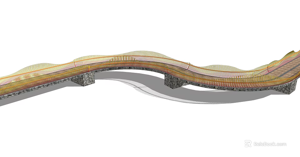 Wavy Design Landscape Bridge with Metal Railings and Stone Piers 3d model 