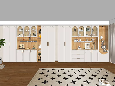 Modern White Wine Cabinet With Wooden Shelves Open Storage And Decorative Items 3d model