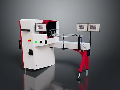 Modern Industrial Equipment Featuring White Body Red Legs Display Screens Control Panel And Mechanical Arm 3d model