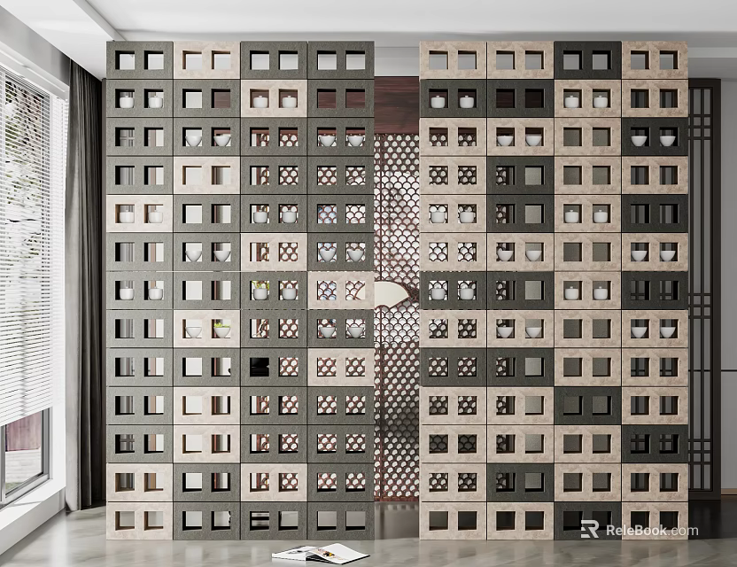 Stylish Grid Patterned Wooden Room Divider With Decorative Storage Compartments and Decor Items 3d model