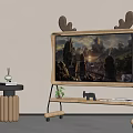 Mikon TV With Deer Antler Design Displaying Castle Sunset Scenery On Wooden Wheeled Stand