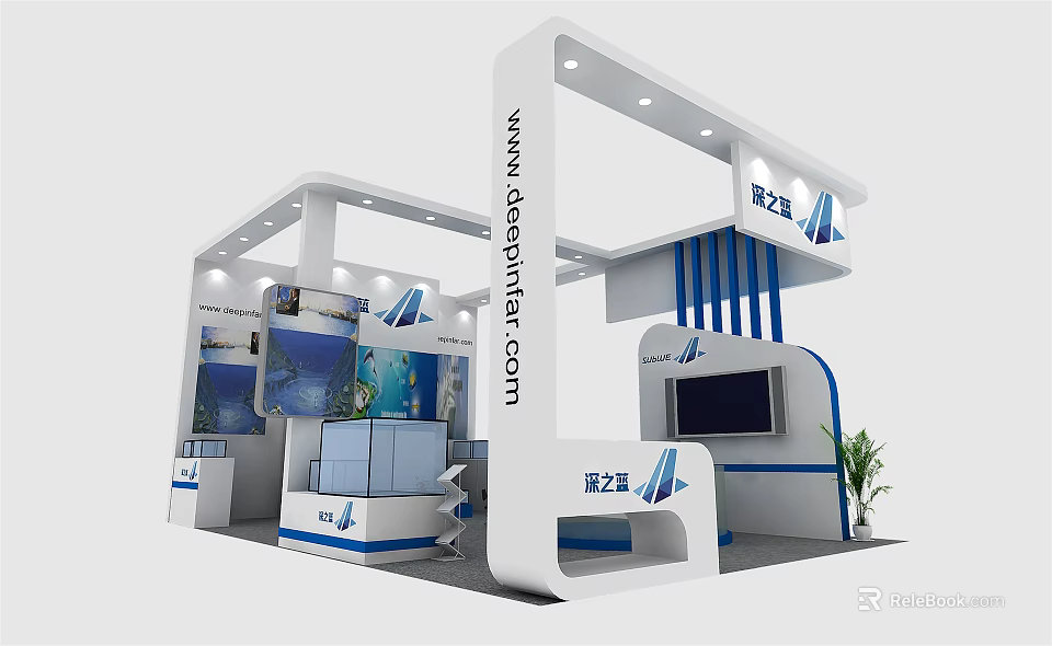 Modern Exhibition Booth Design With White Structure Blue Accents Display Screen And Logo 3d model