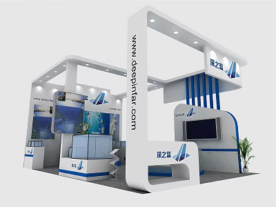 Modern Exhibition Booth Design With White Structure Blue Accents Display Screen And Logo 3d model