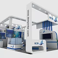 Modern Exhibition Booth Design With White Structure Blue Accents Display Screen And Logo 3d model