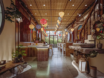 Traditional Chinese Restaurant Interior With Hanging Lanterns Wooden Decor And Green Plants 3d model