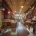 Traditional Chinese Restaurant Interior With Hanging Lanterns Wooden Decor And Green Plants
