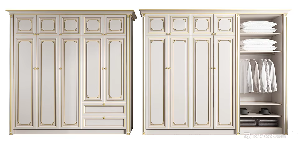 Elegant White Wardrobe Featuring Golden Trim Multiple Doors Drawers And Clothing Inside 3d model 