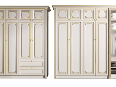 Elegant White Wardrobe Featuring Golden Trim Multiple Doors Drawers And Clothing Inside 3d model