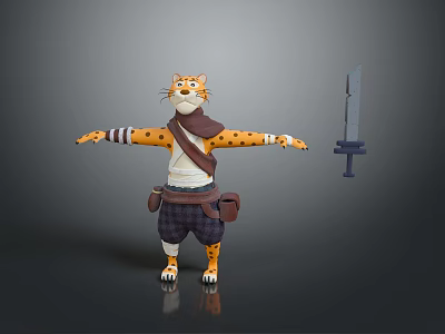 Cartoon Tiger Character Wearing Striped Sleeves Scarf Shorts With Outstretched Arms And Sword 3d model
