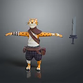 Cartoon Tiger Character Wearing Striped Sleeves Scarf Shorts With Outstretched Arms And Sword