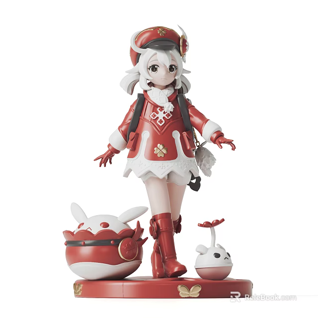 Anime Character Figurine In Red Outfit With White Hair And Small Companions 3d model 