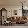 Elegant Modern Dining and Living Room Interior With Leather Sofa Chandelier Artwork and Rug