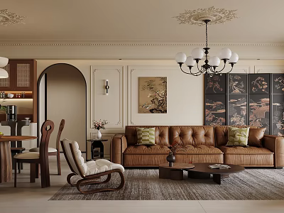 Elegant Modern Dining and Living Room Interior With Leather Sofa Chandelier Artwork and Rug 3d model