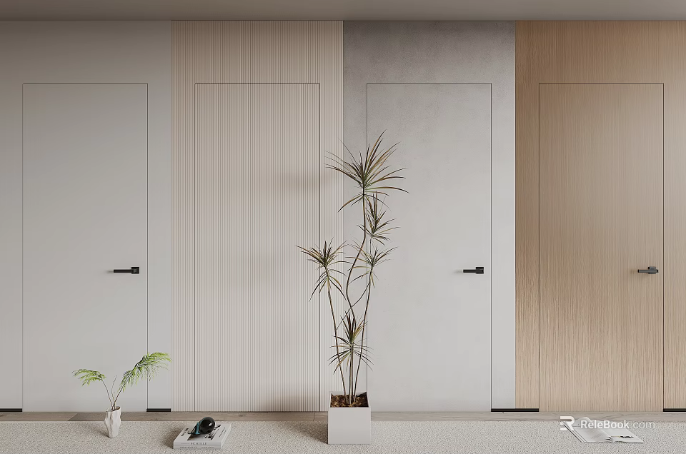 Hinged Doors In Modern Interior With Various Textures And Potted Green Plants 3d model 