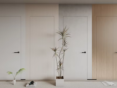 Hinged Doors In Modern Interior With Various Textures And Potted Green Plants 3d model