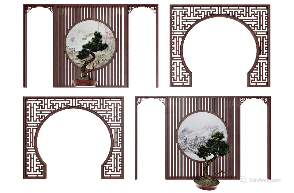 Traditional Chinese Arched Doorways With Lattice Carvings Circular Windows And Potted Plants 3d model 