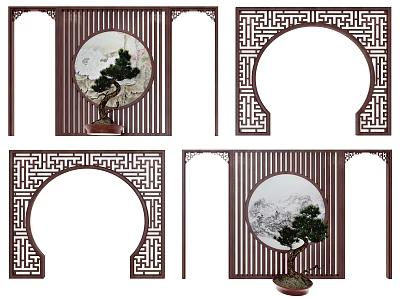 Traditional Chinese Arched Doorways With Lattice Carvings Circular Windows And Potted Plants 3d model