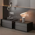 Modern Black Nightstands With Drawers And Minimalist Lamps On Striped Wall Panel