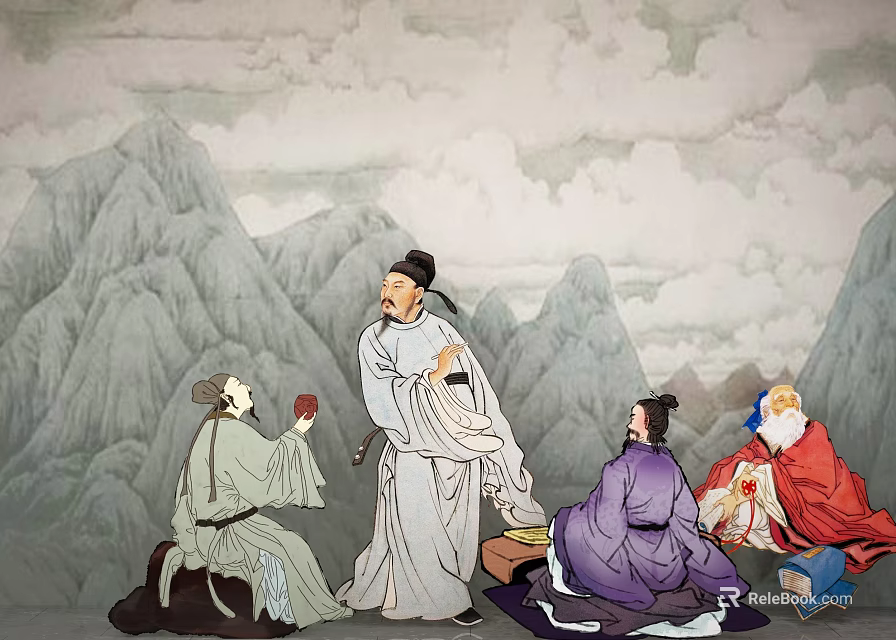 Traditional Chinese Figure Painting Depicting Ancient Costumed Characters Interacting in Mountain Landscape with Clouds 3d model 