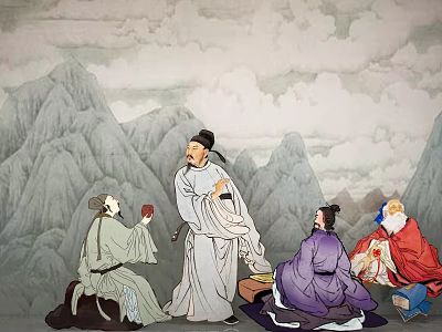Traditional Chinese Figure Painting Depicting Ancient Costumed Characters Interacting in Mountain Landscape with Clouds 3d model