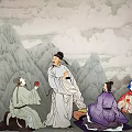 Traditional Chinese Figure Painting Depicting Ancient Costumed Characters Interacting in Mountain Landscape with Clouds