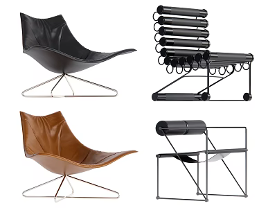 Modern Leather Leisure Chairs in Black and Brown with Metal Frames and Stackable Design 3d model