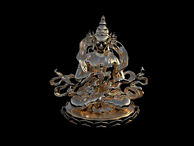 Golden Buddha Sculpture With Intricate Carving Details Seated On Lotus Base 3d model