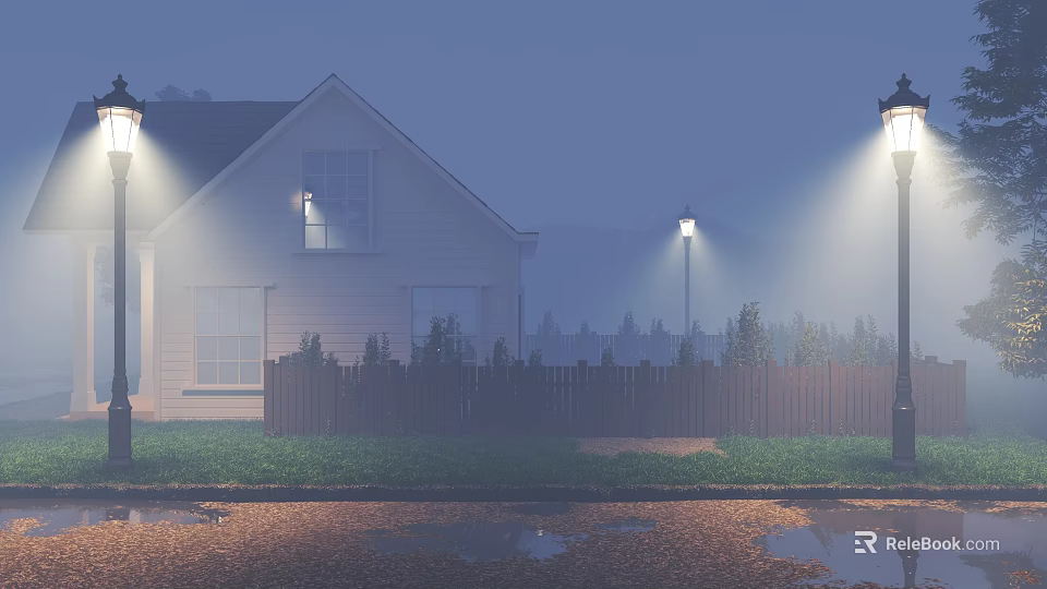 Scenic Evening Landscape With White House Wooden Fence Street Lamps Wet Ground And Foggy Atmosphere 3d model 