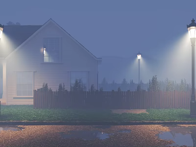 Scenic Evening Landscape With White House Wooden Fence Street Lamps Wet Ground And Foggy Atmosphere 3d model