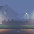 Scenic Evening Landscape With White House Wooden Fence Street Lamps Wet Ground And Foggy Atmosphere