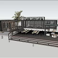 Modern Lakeside Café With Glass Walls Night View Trees And Water Reflection