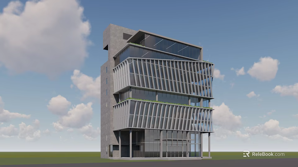 Modern Geometric Office Building With Glass Facade Metal Frames And Green Accent Bands 3d model 