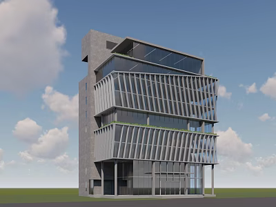 Modern Geometric Office Building With Glass Facade Metal Frames And Green Accent Bands 3d model