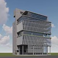 Modern Geometric Office Building With Glass Facade Metal Frames And Green Accent Bands