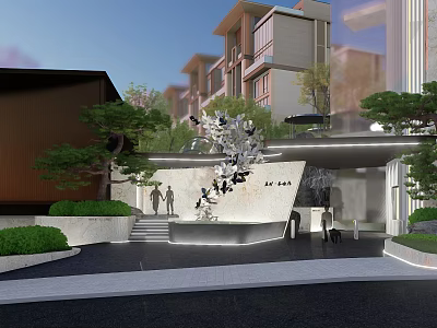 Modern Architectural Entrance Gate With Landscaping Steps Water Features And Trees 3d model