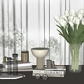 Decorative Ornament Set Including White Tulip Bouquet Glass Vase Table Lamp Candles Books And Glasses